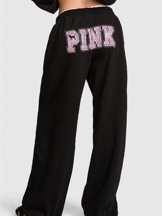 PINK Victoria's Secret Pants - VS PINK LOGO CAMPUS FLEECE WIDE LEG SPLIT HEM SWEATPANTS PURE BLACK XS